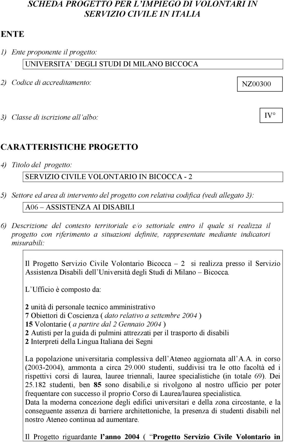 3): A06 ASSISTENZA AI DISABILI 6) Descrizione del contesto territoriale e/o settoriale entro il quale si realizza il progetto con riferimento a situazioni definite, rappresentate mediante indicatori