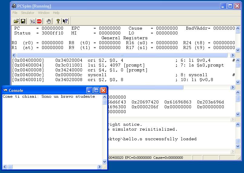 SPIM interfaccia: console Shell in cui vengono