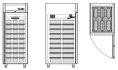 l Armadi frigoriferi per gelato mantecato.1 AI5/1TG > Capacità 36 vaschette da 360 x 165 x 120 AI80/1TG > Capacità 54 vaschette da 360 x 165 x 120 Temp.