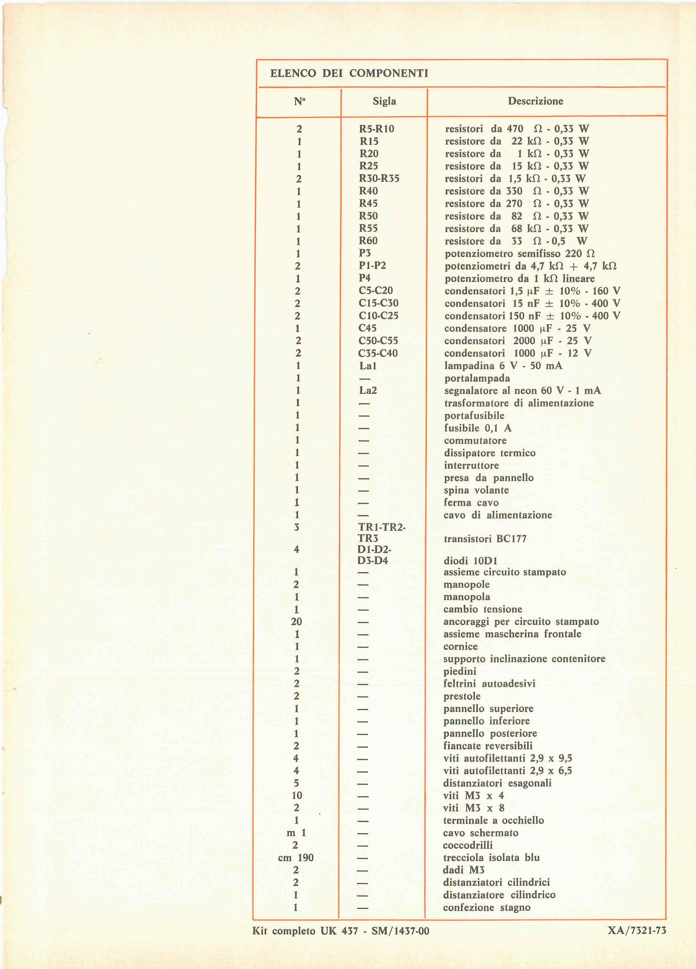 ELENCO DEI COMPONENTI N Sigla Descrizione 2 R5-R10 resistori da 470 fi - 0,33 W 1 R15 resistore da 22 kfi - 0,33 W 1 R20 resistore da 1 kfi - 0,33 W 1 R25 resistore da 15 kn - 0,33 W 2 R30-R35