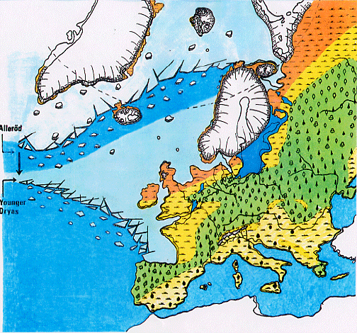 Olocene, Dryas Recente, ed Emiano Una ricostruzione dell Europa nell ultimo periodo freddo (Younger Dryas o Dryas Recente) prima dell Olocene 13000 anni fa L'Olocene è l'epoca interglaciale più