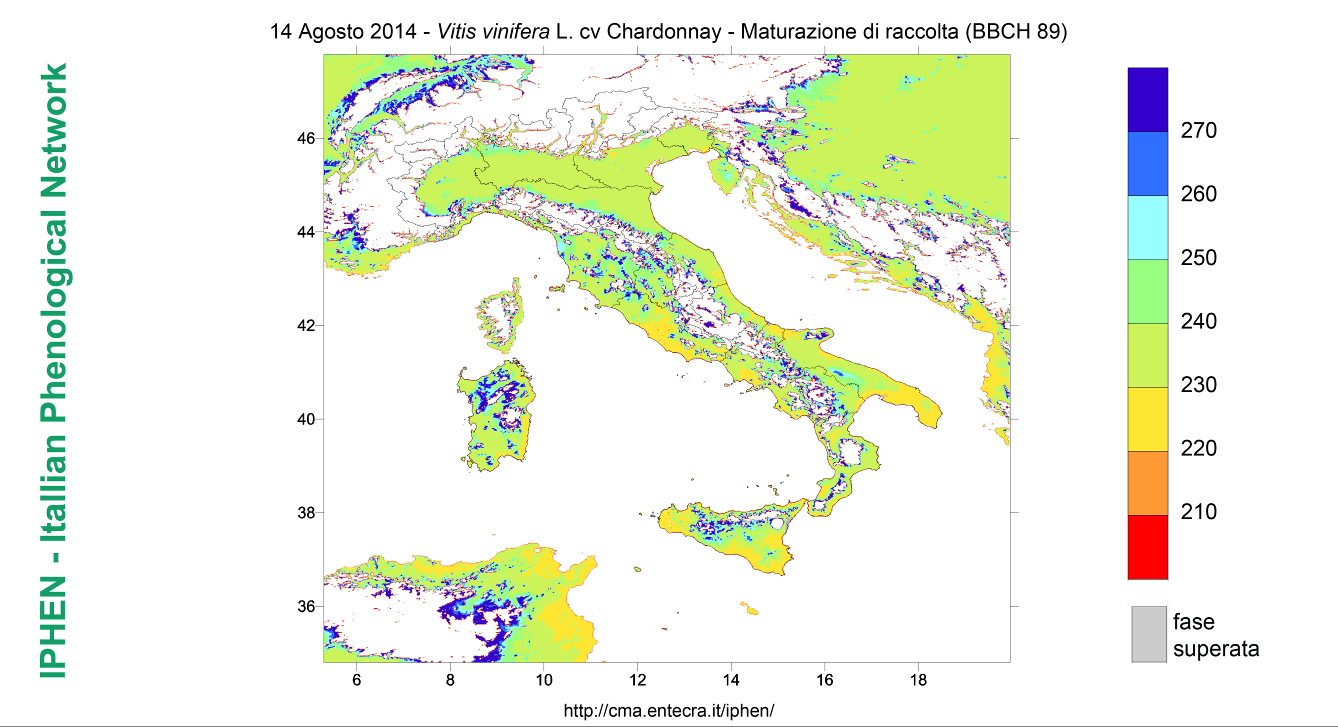 FENOLOGIA VITE PREVISIONE GRAPEVINE FORECAST Fig. 13 previsione fenologica per Vitis vinifera cv Cabernet sauvignon Addolcimento degli acini. Fig. 13 phenological forecasts for Vitis vinifera cv Cabernet sauvignon Softening of berries.