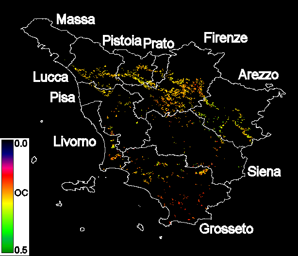 Figura 2 Mappa del grado di copertura delle olivete nelle diverse province toscane ottenuta applicando la tecnica delle regressioni localizzate all immagine Landsat ETM+.