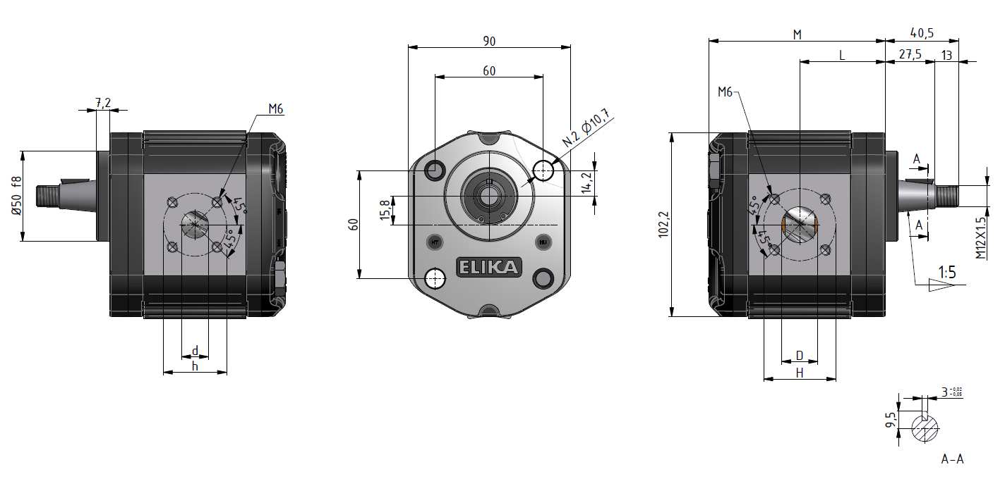 ELI2BK2 Mandata Aspirazione Pompa Portata Pressioni di funzionamento Regime di rotazione Rumorosità a 1500 giri/min * Dimensioni Tipo Cilindrata a 1500 giri/min P1 Max continua P2 Max intermittente