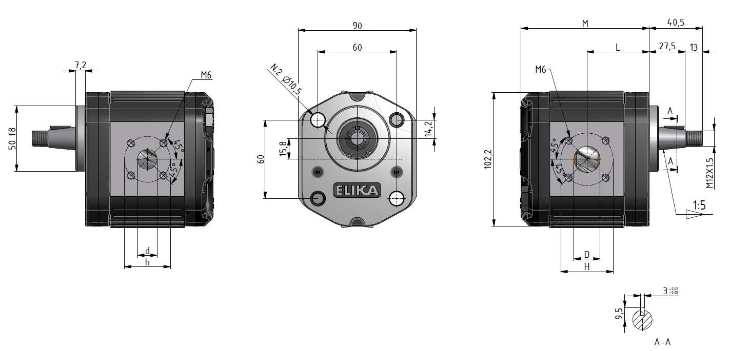 ELI2BK4 Mandata Aspirazione Pompa Portata Pressioni di funzionamento Regime di rotazione Rumorosità a 1500 giri/min * Dimensioni Tipo Cilindrata a 1500 giri/min P1 Max continua P2 Max intermittente