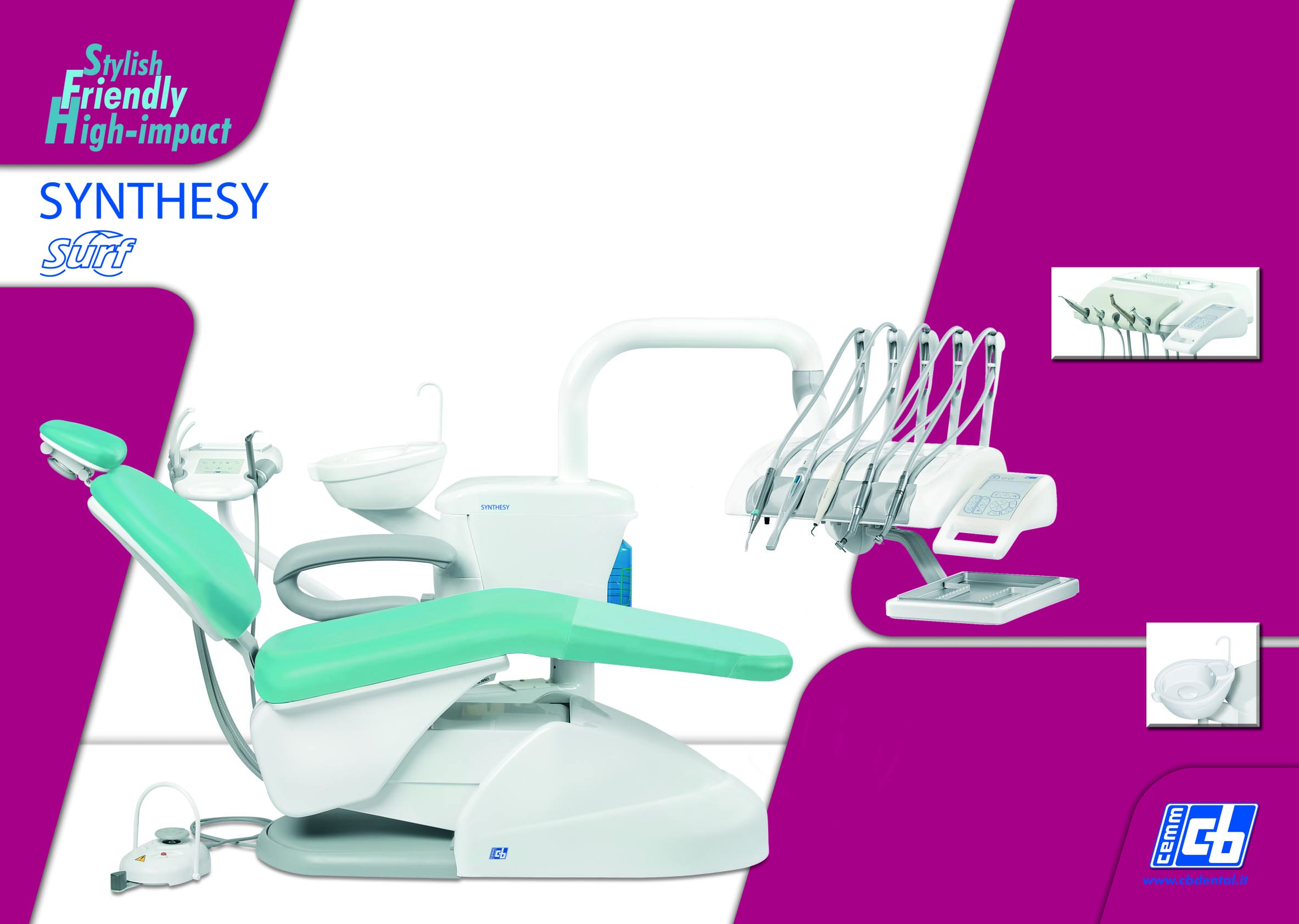 DENTAL UNIT SYNTHESY Delivery for 5 hand instruments Unit arm with double articulation, well-balanced Silicone housing for hand instruments, removable and autoclavable Instruments-arms with automatic