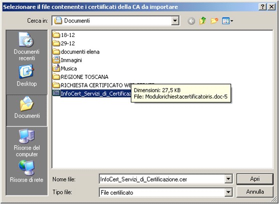 16.Selezionare Il certificato InfoCert_Servizi_di_Certificazione.