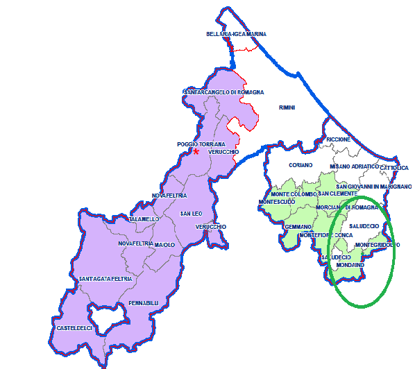 TERRITORIO Comuni Superficie in Kmq Residenti all 1/1/2015 Densità di popolazione per Kmq Sindaci Scadenza mandato Mondaino 19.84 1428 74.24 Matteo Gnaccolini 2019 Montegridolfo 6.