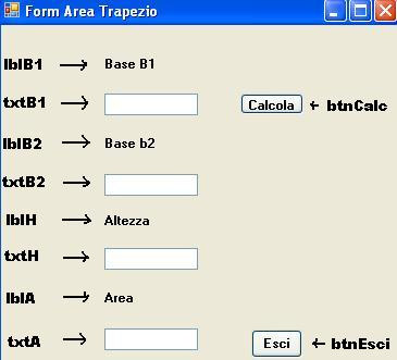 4) Creazione del form Visualbasic. Net 5) CODIFICA PULSANTE Calcola ' DICHIARAZIONE DELLE VARIABILI Dim B1, B2, H, Som, P As Integer Dim A As Double ' INPUT DEI VALORI DI B1, b2 e H B1 = Val (txtb1.