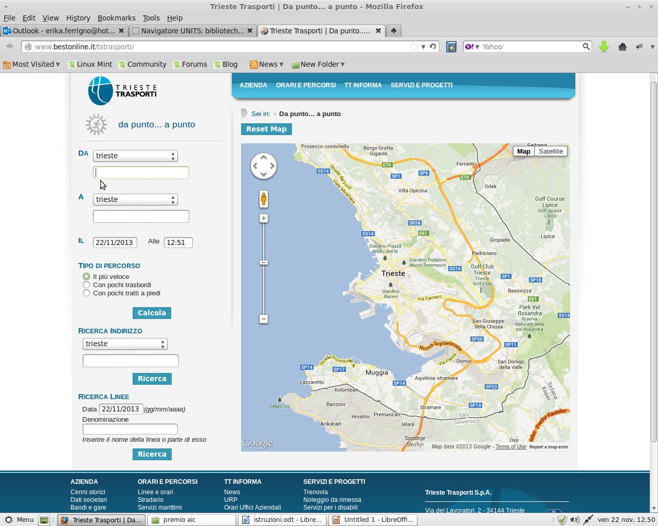 Da punto a punto Tutte le mappe del WebGIS prevedono il link Da punto a punto, che conduce l'utente alla pagina web della Trieste Trasporti, che indica