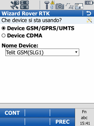 Pertanto selezionare Porta 3 del Sensore GS e premere CONT. Selezionare Device GSM/GPRS/UMTS, specificare il modello Telit GSM SLG1 e premere CONT.