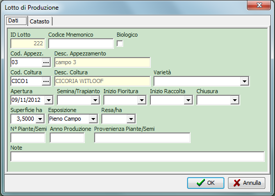 6. LA CREAZIONE DEI LOTTI DI PRODUZIONE Questa funzione permette di avviare i Lotti di Produzione, ossia indicare quali Colture insistono, da una determinata data, su un determinato Appezzamento.