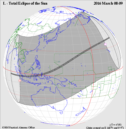 Sole TOTALE DEL 9.03.2016 ECLISSI SAROS N. 130 N. 52 DEL CICLO DI 73 ECLISSI MAGNITUDINE 1,0450 inizio eclisse: 23 h 19 m 18 s TU del 8.03 102 13 E 7 38 S inizio eclisse centrale: 0 h 16 m 42 s del 9.