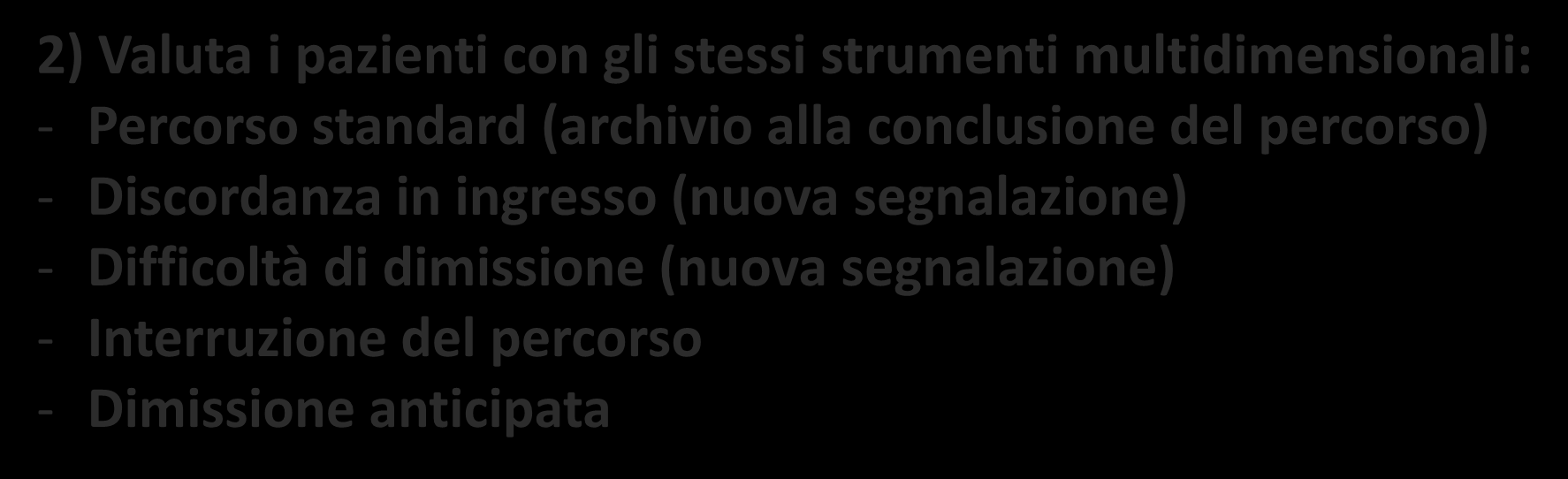 Low Care 1) Riceve le segnalazioni dei pazienti in arrivo e li accetta 2) Valuta i pazienti con gli stessi strumenti multidimensionali: - Percorso standard (archivio alla conclusione