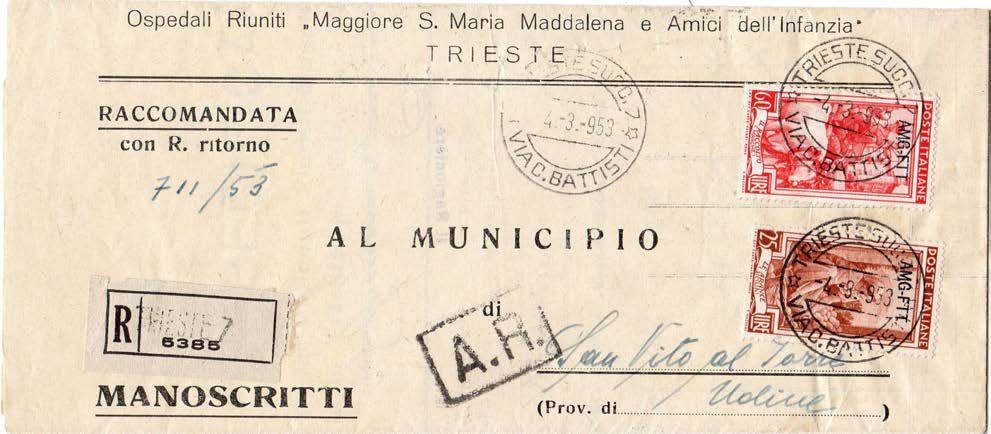 Le corrispondenze per l interno carte manoscritte 11.07.1950-4 periodo tariffario Manoscritti raccomandati con A.R.