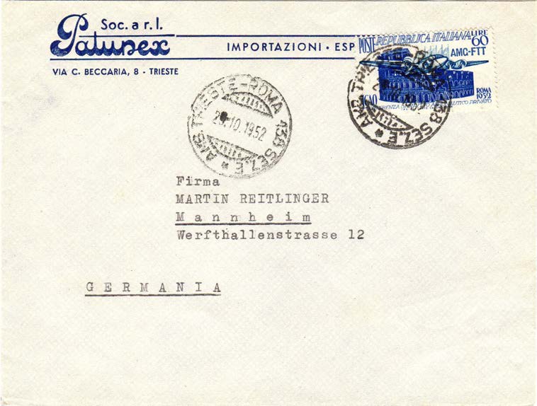 Le corrispondenze per l estero lettere 06.07.1950-3 periodo tariffario - Lettera primo porto da Trieste per l Austria, affrancata per lire 55. 29.10.