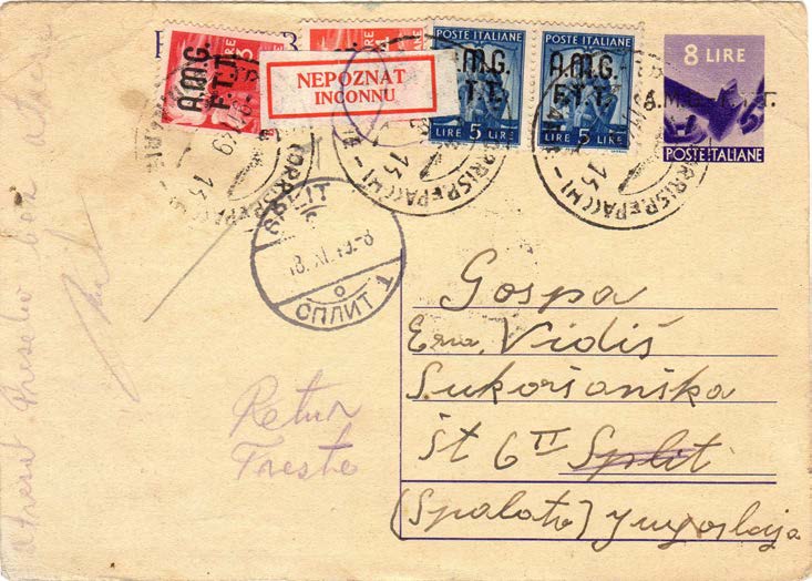 Le corrispondenze per l estero interi postali 13.12.1947-1 periodo tariffario Cartolina postale da 4 lire sovrastampata a mano AMG FTT, da Trieste per l Austria, affrancata per lire 20.