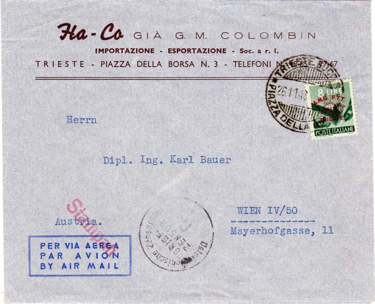 Le corrispondenze per l estero stampe 1 periodo tariffario = lire 6 3 periodo tariffario = lire 10 2 periodo tariffario = lire 8 4 periodo tariffario = lire 12 01.10.1947 - Stampe primo porto da Trieste per New York, affrancate per lire 6.