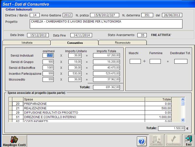 PERCORSO PROGETTO NUMERO DESTINATARIE:? TOTALE ORE DI GRUPPO:? X 20,00 TOTALE ORE INDIVIDUALI:?