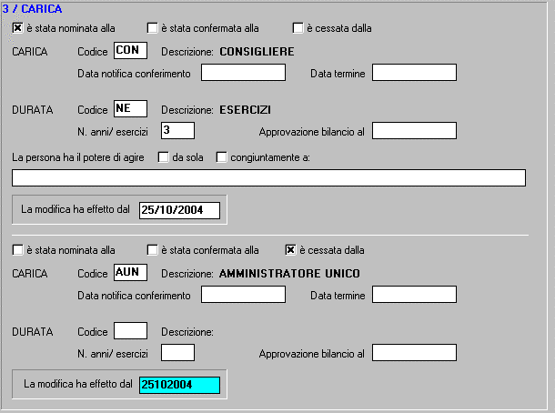 Fig. 15 Gli ulteriori campi vanno compilati come già sopra indicato, ma con alcune attenzioni: Non è presente il campo Data Nomina e tale data va inserita sul campo La modifica ha effetto dal