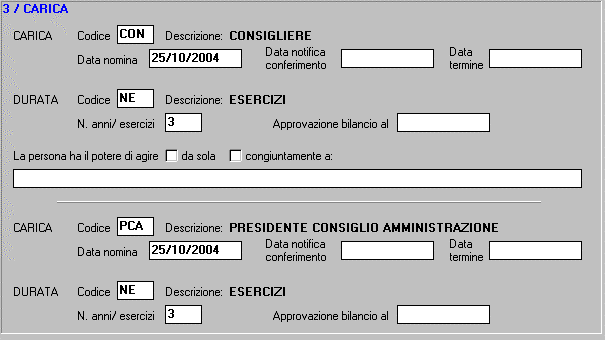 3 / CARICA: Per la compilazione di questo riquadro seguire le seguenti indicazioni: 1. Nel campo Carica inserire la carica di CON = Consigliere. 2. Nel campo Data Nomina indicare la data del Verbale.