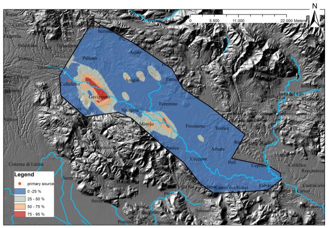 Mappa di probabilità calcolata usando i coefficienti della regressione logistica per calcolare il rischio