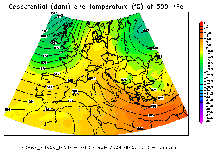 Figura 2 - Altezza di geopotenziale e temperatura a 500 hpa del modello ECMWF relativa al 7 agosto 2009 ore 00:00 UTC.