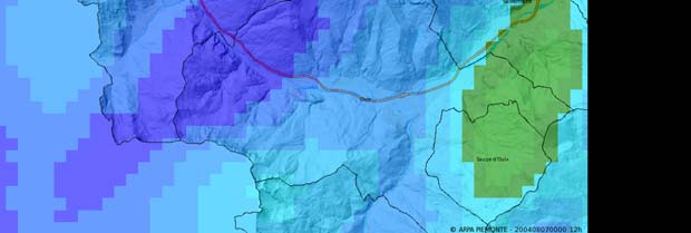 In Fig. 7 è riportata la mappa di precipitazione cumulata al suolo sul Comune di Bardonecchia tra le 12:00 UTC del 06/08/2004 e le 00:00 UTC del 07/08/2004, stimata dai sistemi radar meteorologici.