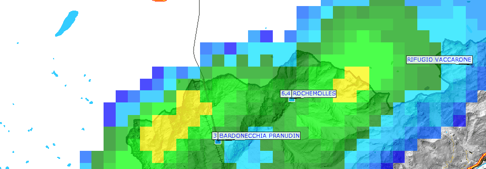 Figura 9 Precipitazione cumulata al suolo da radar e da rete pluviometrica sul Comune di Bardonecchia, tra le 15:00 UTC e le 18:00 UTC del 07/08/2009.