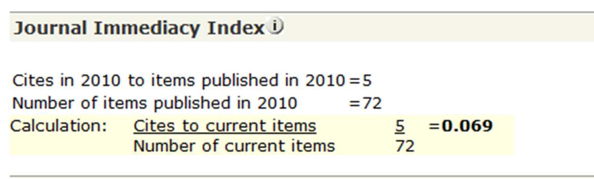 Immediacy index Definizione: numero medio di citazioni ottenute da un articolo nel medesimo anno della sua pubblicazione Calcolo: rapporto tra le citazioni ottenute