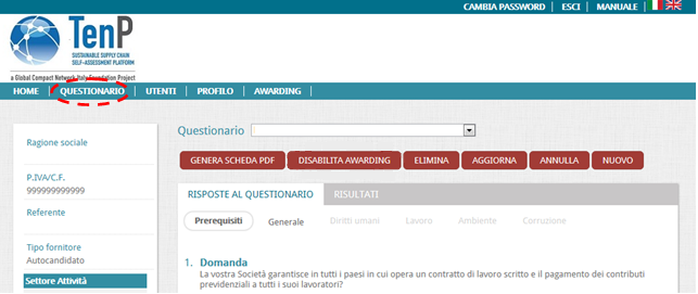 Al termine della compilazione del questionario il Fornitore potrà inserire una nota (testo libero) e, dopo la conferma della pubblicazione, potrà visualizzare i risultati del questionario di