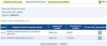 GESTIONE DICHIARAZIONI Il tab Gestione Dichiarazioni consente l inserimento, la modifica, l eliminazione e la validazione delle dichiarazioni delle vendite effettuate nell anno nelle diverse province.