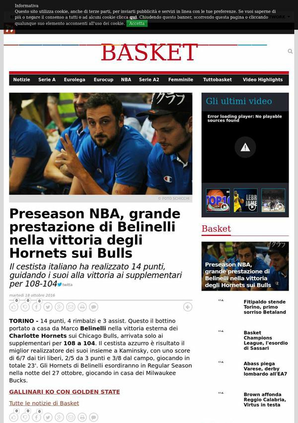 18 ottobre 2016 tuttosport.com Preseason NBA, grande prestazione di Belinelli nella vittoria degli Hornets sui Bulls TORINO 14 punti, 4 rimbalzi e 3 assist.