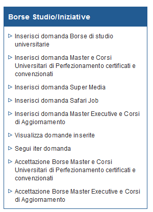 Pagina 6 Accedendo alla procedura, sarà possibile: Presentare domanda di Master Executive Visualizzare le domande presentate Visualizzare l Iter delle domande presentate Accettare una borsa per cui