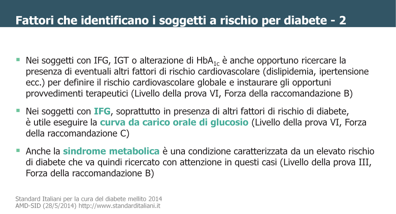 Nei soggetti con IFG e/o IGT oppure HbA1c con valori di 42-48 mmol/mol (6,00-6,49%) devono essere ricercati altri fattori di rischio di diabete (obesità, familiarità per diabete ecc.