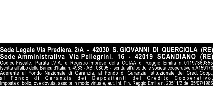 FOGLIO INFORMATIVO relativo a: APERTURA DI CREDITO IN CONTO CORRENTE CONSUMATORE INFORMAZIONI SULLA BANCA CREDITO COOPERATIVO REGGIANO - SOC. COOP. VIA PREDIERA, 2/A - 42030 - VIANO (RE) n.