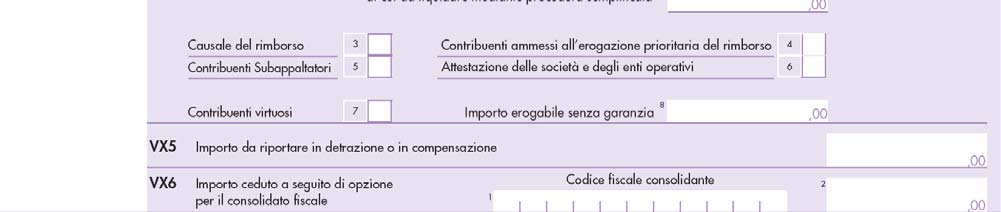 campo 5: condizione di subappaltatore nel settore edile; campo 6: attestazione di operatività; campi 7 e 8: attestazione di affidabilità e solvibilità (c.d. contribuenti virtuosi ) e importo erogabile senza garanzia.