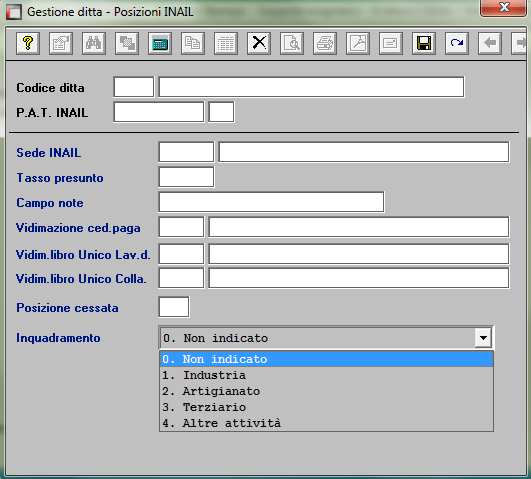 PAT INAIL Gestione inquadramento Con il presente aggiornamento, è stato implementato un nuovo campo nella gestione posizione INAIL (BD0), ed in