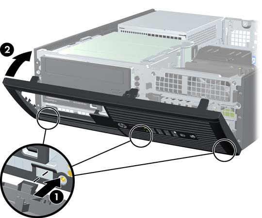 Rimontaggio del frontalino Inserire i tre ganci sul lato inferiore del frontalino nei fori rettangolari sullo chassis (1), quindi ruotare il lato superiore del frontalino sullo chassis (2) e farlo