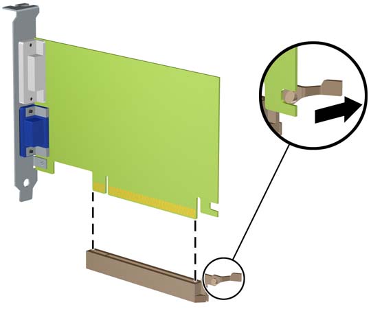 c. Per togliere una scheda PCI Express x16, estrarre dalla scheda il braccio di fermo sul retro dello zoccolo di espansione e far oscillare delicatamente la scheda avanti e indietro, in modo da