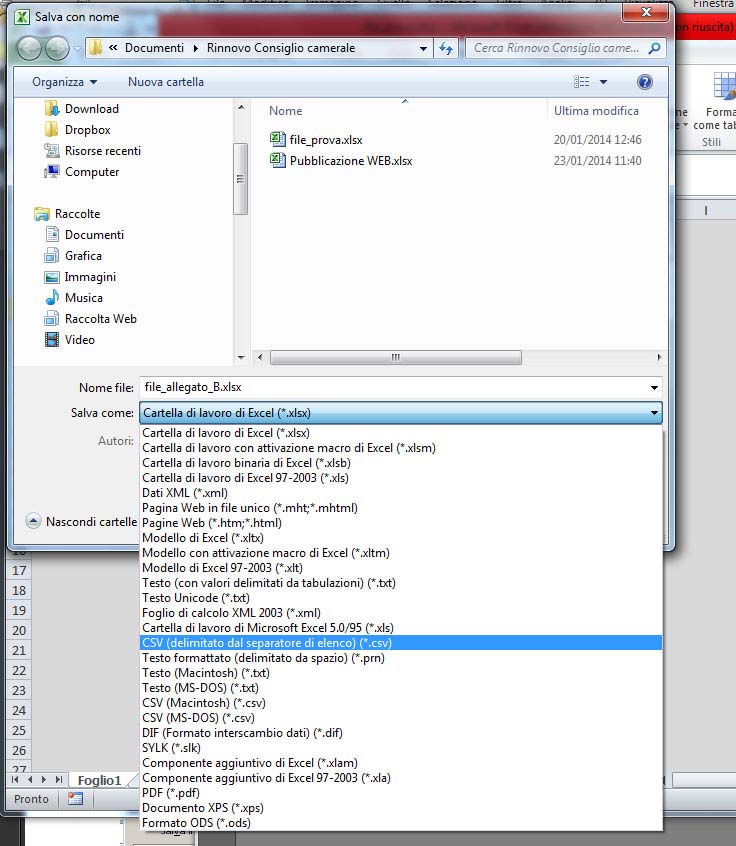 3.2 Salvataggio del file AllegatoB.xls in formato.csv Aprire nuovamente il file AllegatoB.xls. Per salvare il file in formato.