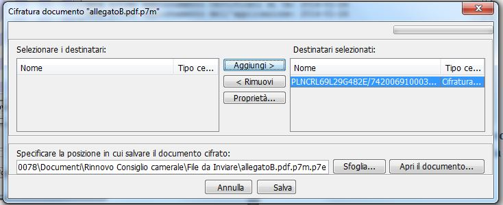 Selezionare il documento da cifrare (nel ns. esempio il file è AllegatoB.pdf.