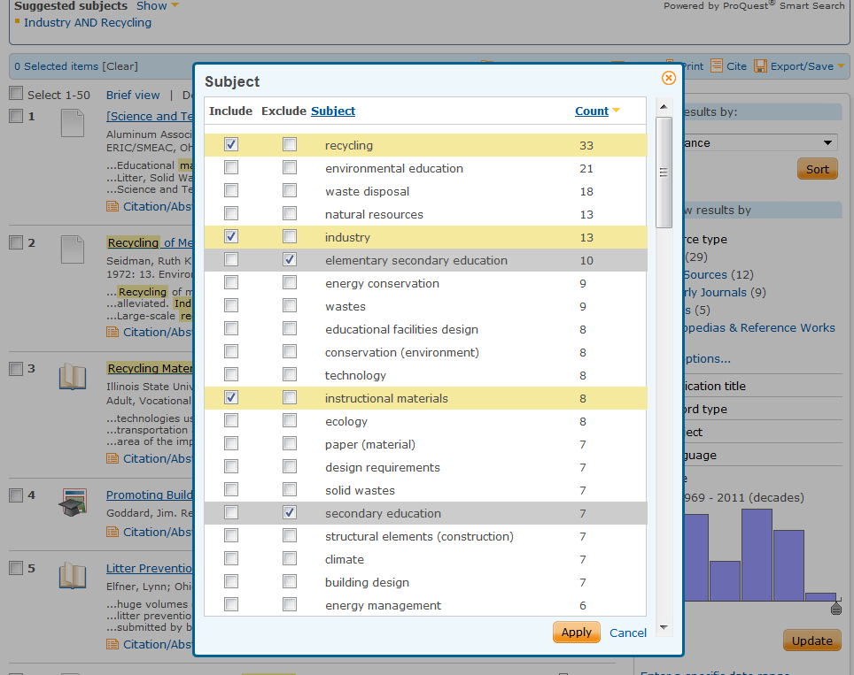 ERIC in ProQuest selezione dei soggetti Per ciascun aspetto per cui è possibile restringere la ricerca, si apre un menù che permette di scegliere cosa includere (evidenziazione gialla) e cosa