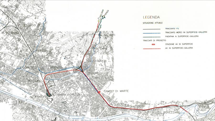 Il programma direttore per l area fiorentina elaborato da FS nel 92 prevedeva la collocazione della stazione AV/AC a Campo Marte e il passaggio cittadino interamente in superficie, a fianco della