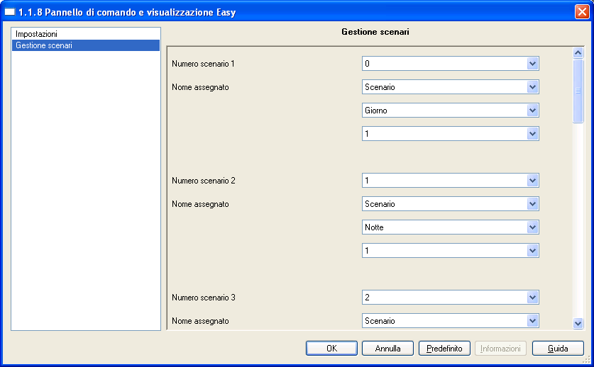 5 Funzione Gestione scenari Attivando questa funzione è possibile configurare gli 8 scenari disponibili assegnando a ciascuno di essi un numero e dei nomi identificativi. In figura (fig. 5.