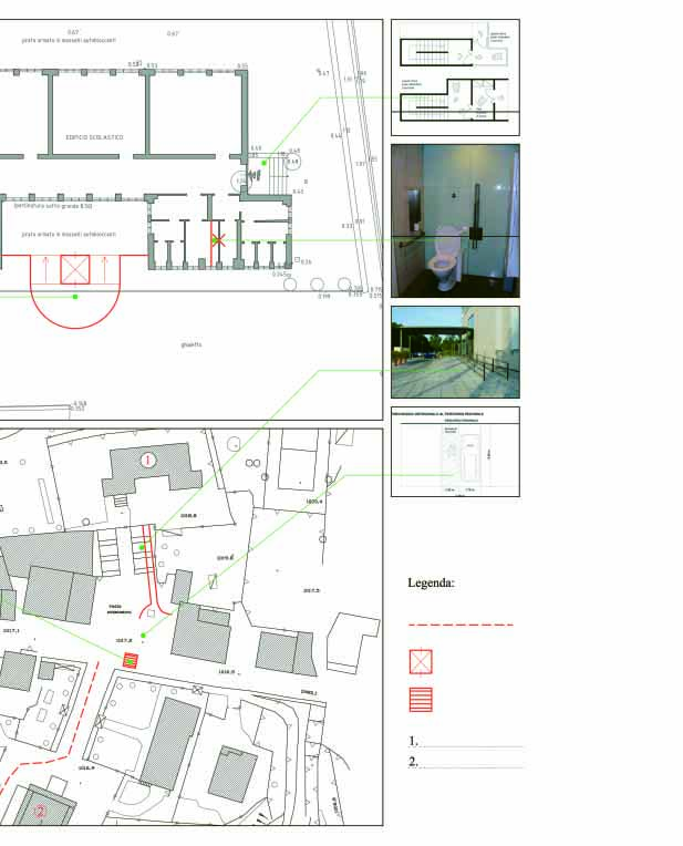 Al primo piano: intervento di formazione nuova scala esterna di sicurezza, dotata di uno spazio di sosta (staticosicuro) a margine della via di fuga Sui blocchi, servizi ad entrambi i piani: ricavare