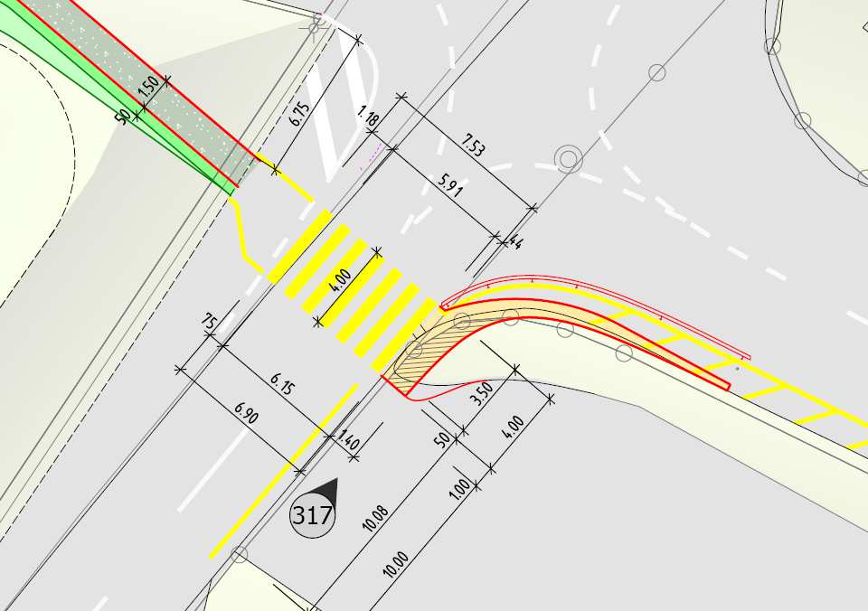 Per permettere al pedone un attraversamento della strada in relativa sicurezza, e con un certo ordine, si prevede di demarcare un passaggio pedonale in superficie in zona est rispetto al crocevia