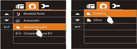 6.3.8 Sequenza scatti Questa funzione consente di scattare tre fotografie una dopo l altra; si avvia premendo e tenendo premuto il pulsante dell otturatore e termina automaticamente alla cattura