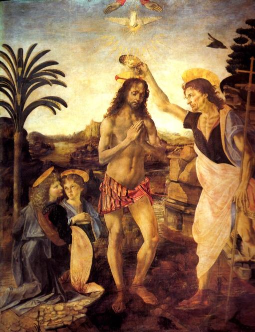 1475 Leonardo collabora con il Verrocchio e completa la pala d'altare che rappresenta il Battesimo di Cristo. 1. Che cosa rappresenta il dipinto del Verrocchio al quale collabora anche Leonardo?