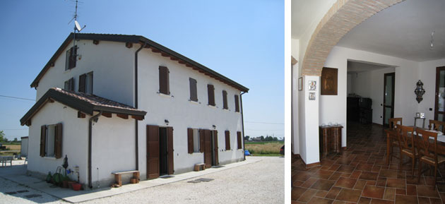 Fig. 6 - Vista esterna della villa singola di San Felice sul Panaro e vista interna del piano terra.